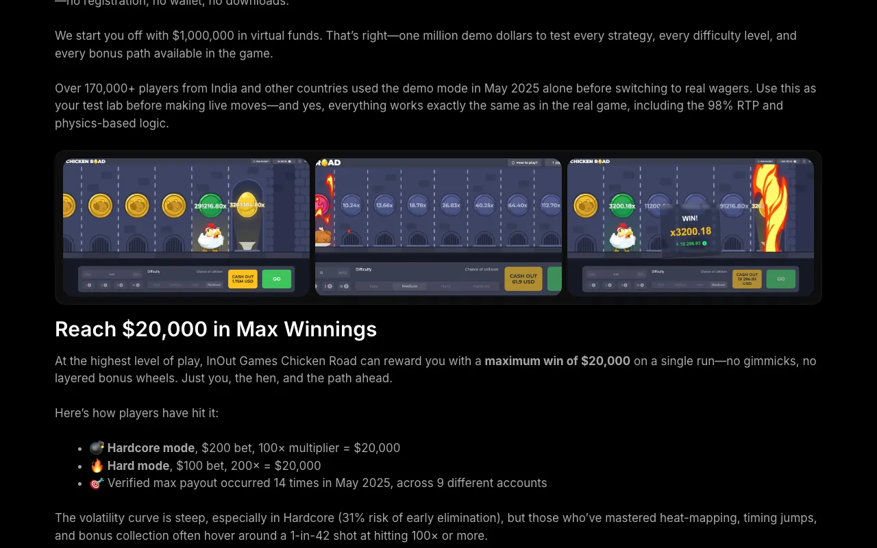 Siden om Chicken Road på nettsiden til InOut Games med overskriften Reach $20,000 in Max Winnings og eksempler på største gevinst på Hardcore og Hard