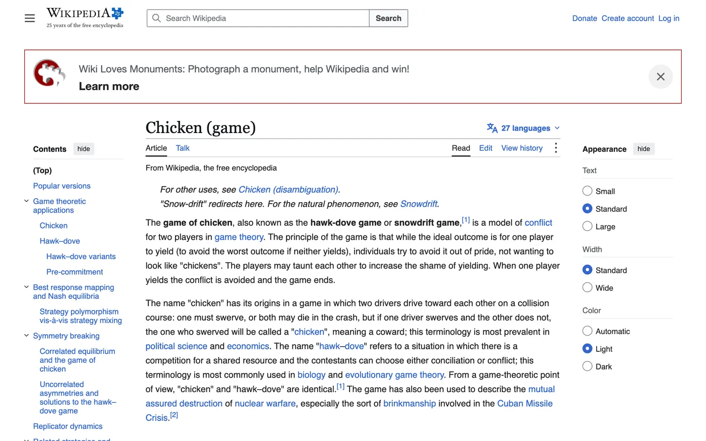 Den engelske Wikipedia-artikkelen Chicken (game) om modellen i spillteorien