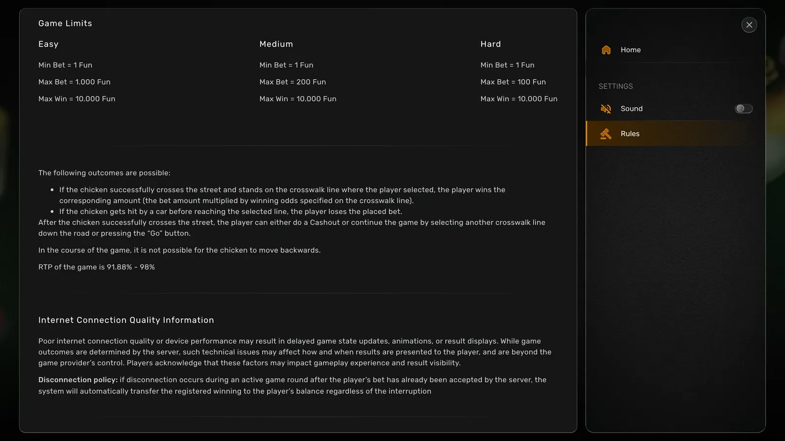 Reglene i Chicken Crash: Max Bet 1.000, 200 og 100 Fun på Easy, Medium og Hard, Max Win 10.000 Fun og RTP of the game is 91.88% - 98%