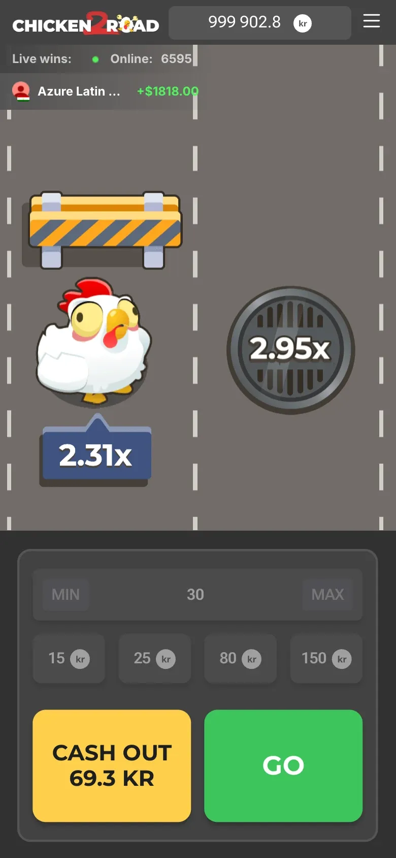 Chicken Road 2 i nettleseren på en loddrett mobilskjerm i demoen
