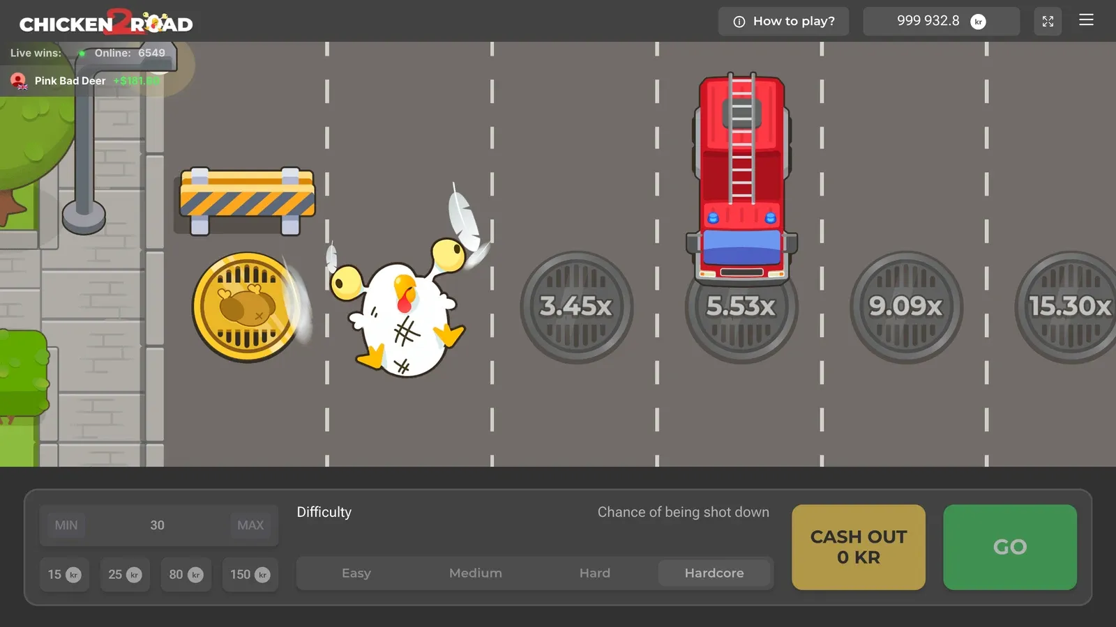 En tapt runde i Chicken Road 2 på Hardcore: kyllingen er truffet på andre steg, og uttaket står på 0 kr