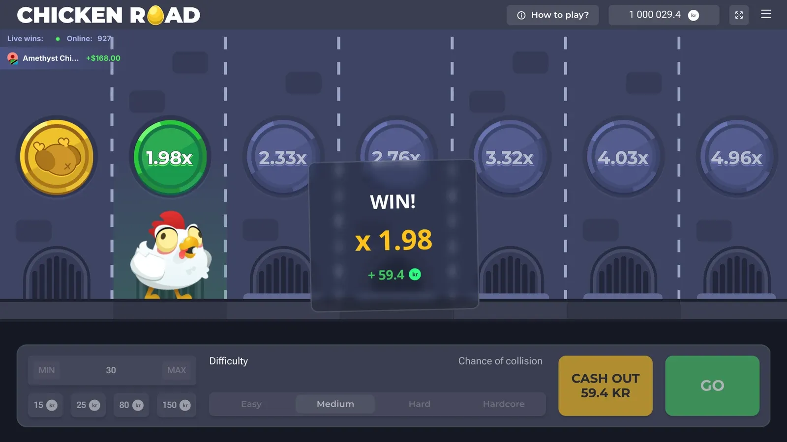 Gevinstvinduet i demoen av Chicken Road: WIN! x 1.98 og +59,4 kr på en innsats på 30 kr
