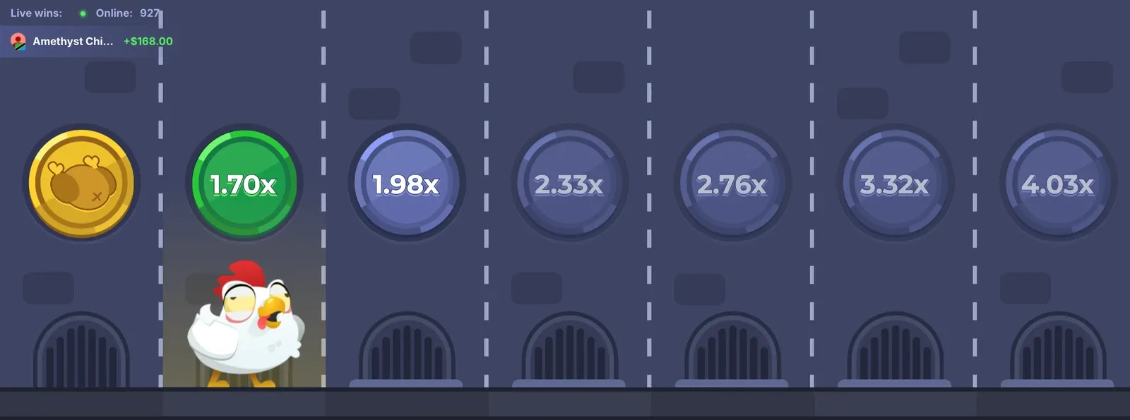 Veien i Chicken Road i demoen med skiltene 1,70x, 1,98x, 2,33x, 2,76x, 3,32x og 4,03x