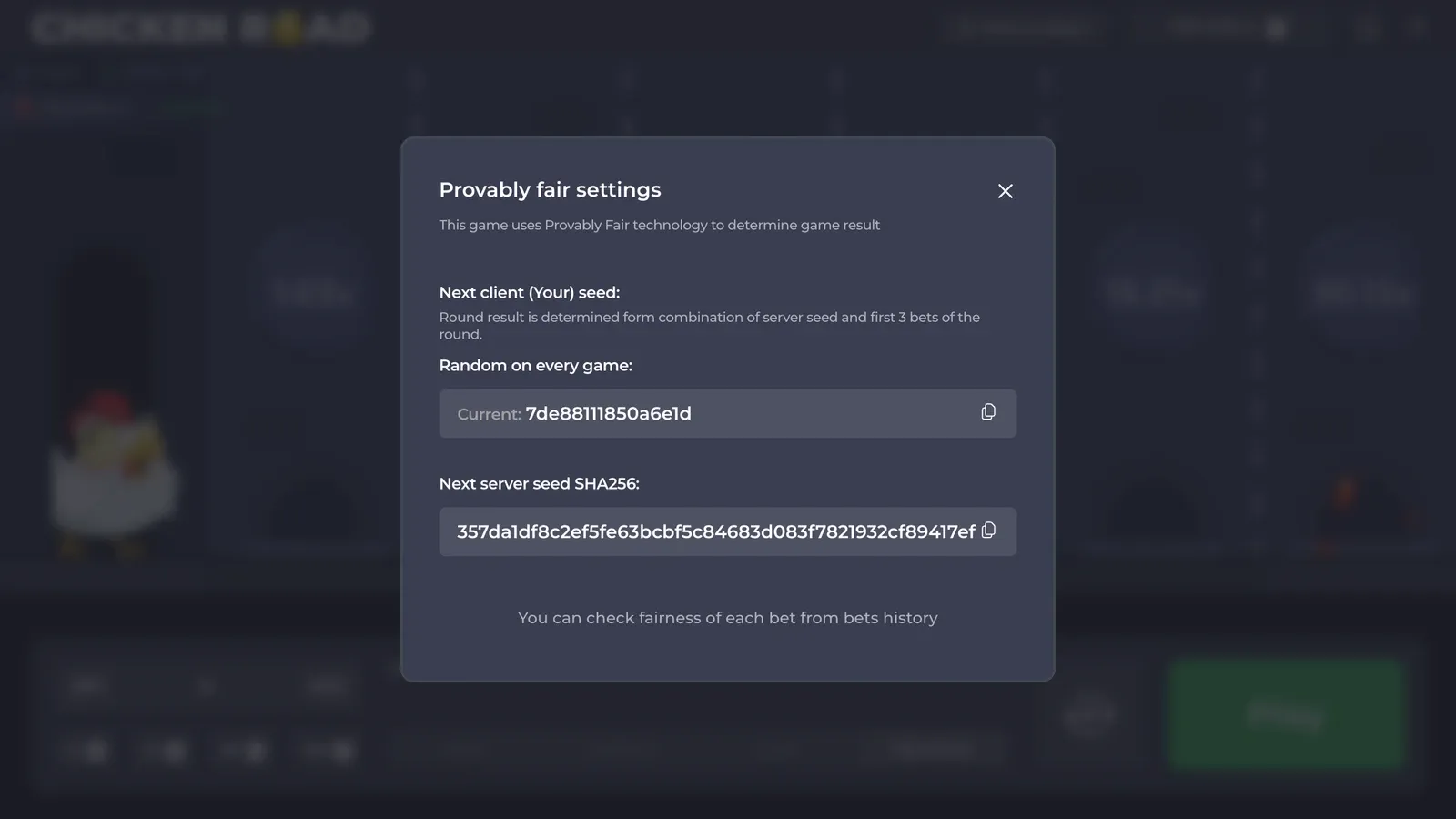 Vinduet Provably fair settings i demoen av Chicken Road med hashen av neste server seed