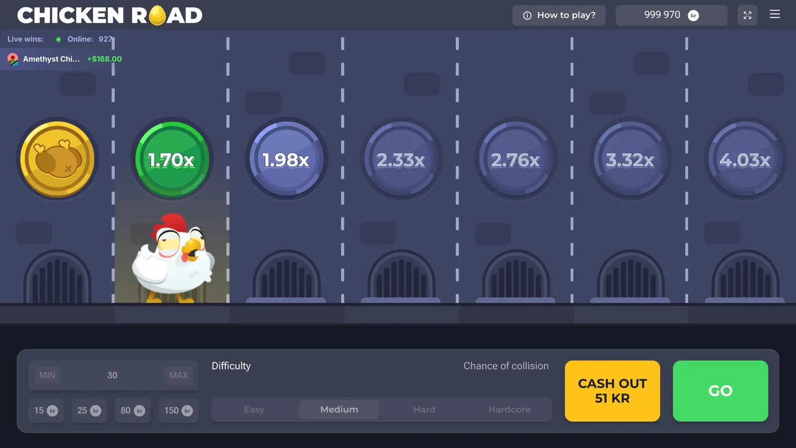 Den offisielle demoen av Chicken Road i kroner: kyllingen på 1,70x, de neste skiltene 1,98x og 2,33x, og knappene Cash out 51 kr og Go