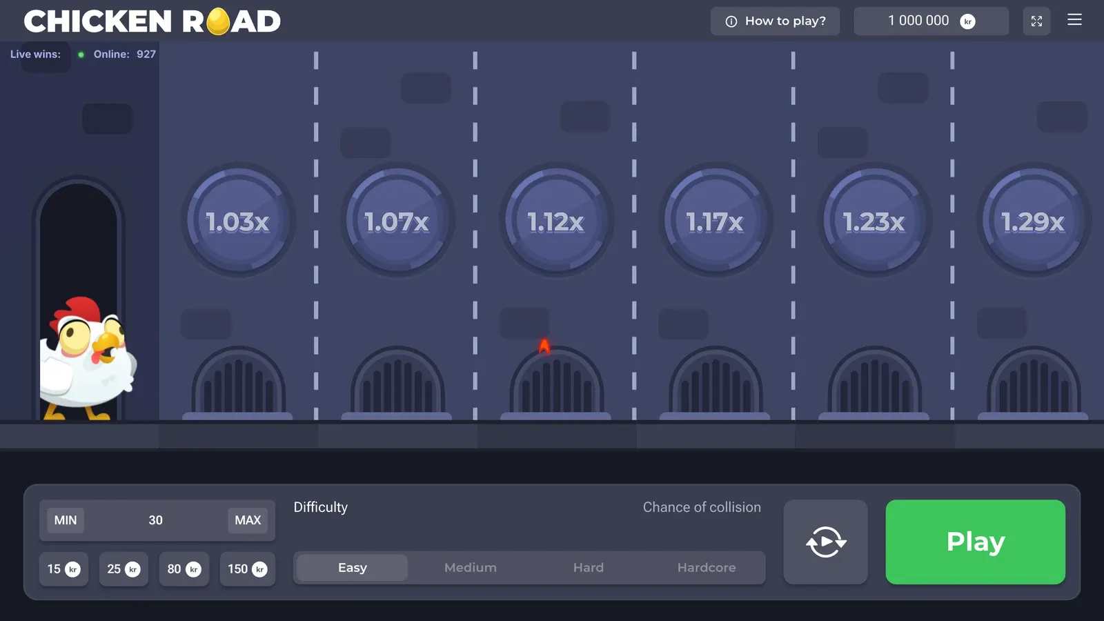 Chicken Road i den offisielle demoen med kroner: kyllingen ved veikanten, skiltene 1,03x til 1,29x på Easy og knappen Play