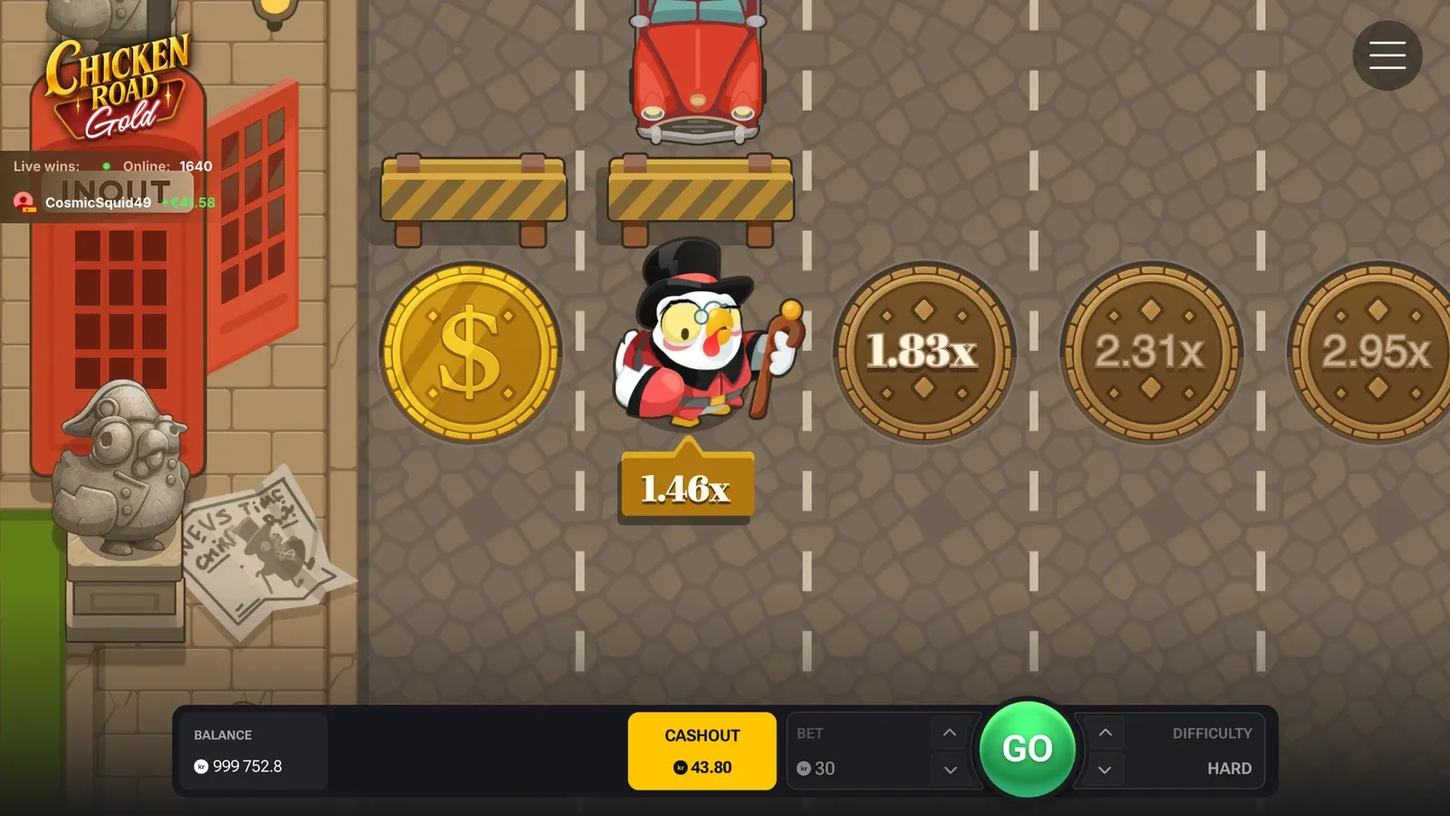 En runde Chicken Road Gold på Hard med innsats 30 kr: kyllingen står på 1.46x, og knappen Cashout viser 43,80