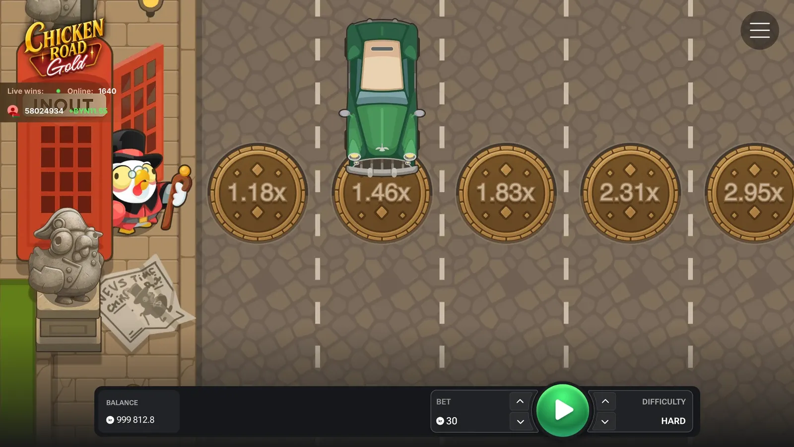 Chicken Road Gold på Hard i demoen med myntene 1,18x, 1,46x, 1,83x, 2,31x og 2,95x på brosteinen