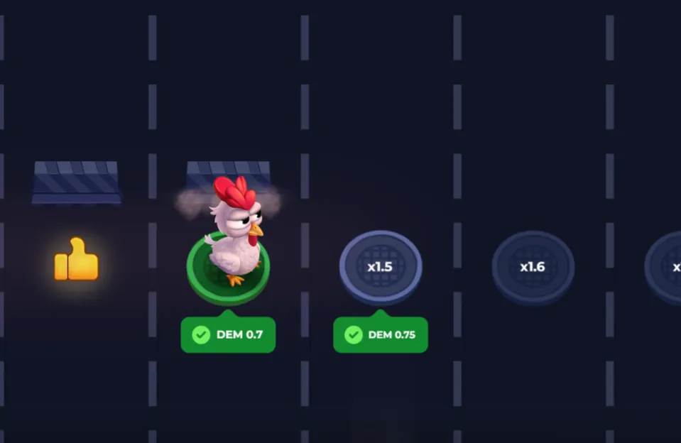 Uncrossable Rush fra Evoplay: høna Eggwina på et felt med multiplikatorene x1.5 og x1.6 foran seg