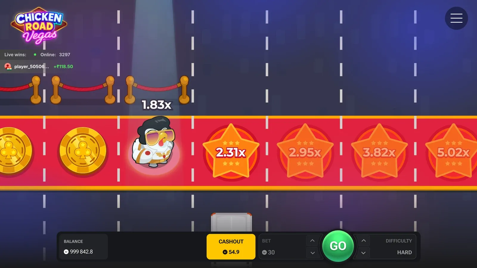 En runde Chicken Road Vegas på Hard: kyllingen på den røde løperen står på 1,83x