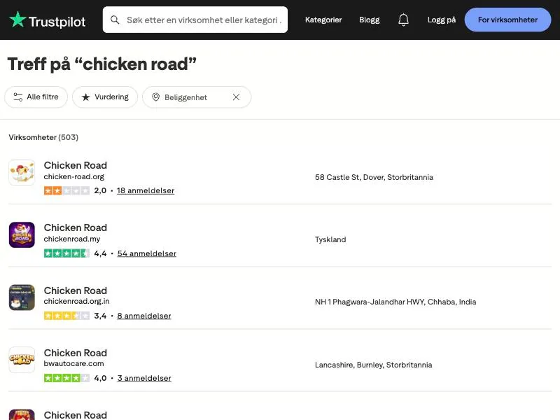 Søk etter chicken road på no.trustpilot.com: 503 virksomheter, de første med navnet Chicken Road på ulike domener